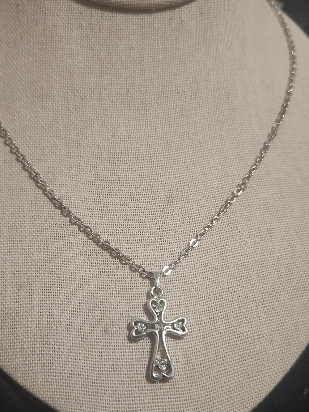 Silver Cross Necklace with Heart Accents